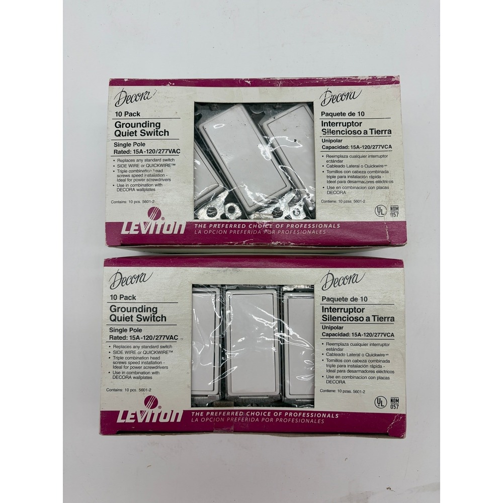 Lot of 2 Leviton Decora Grounding Quiet Switch 15A 120/277V White 5601-2WM